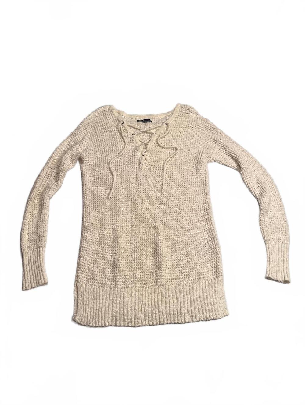 American Eagle Outfitters Cream Lace-Up Knit Sweater, Medium